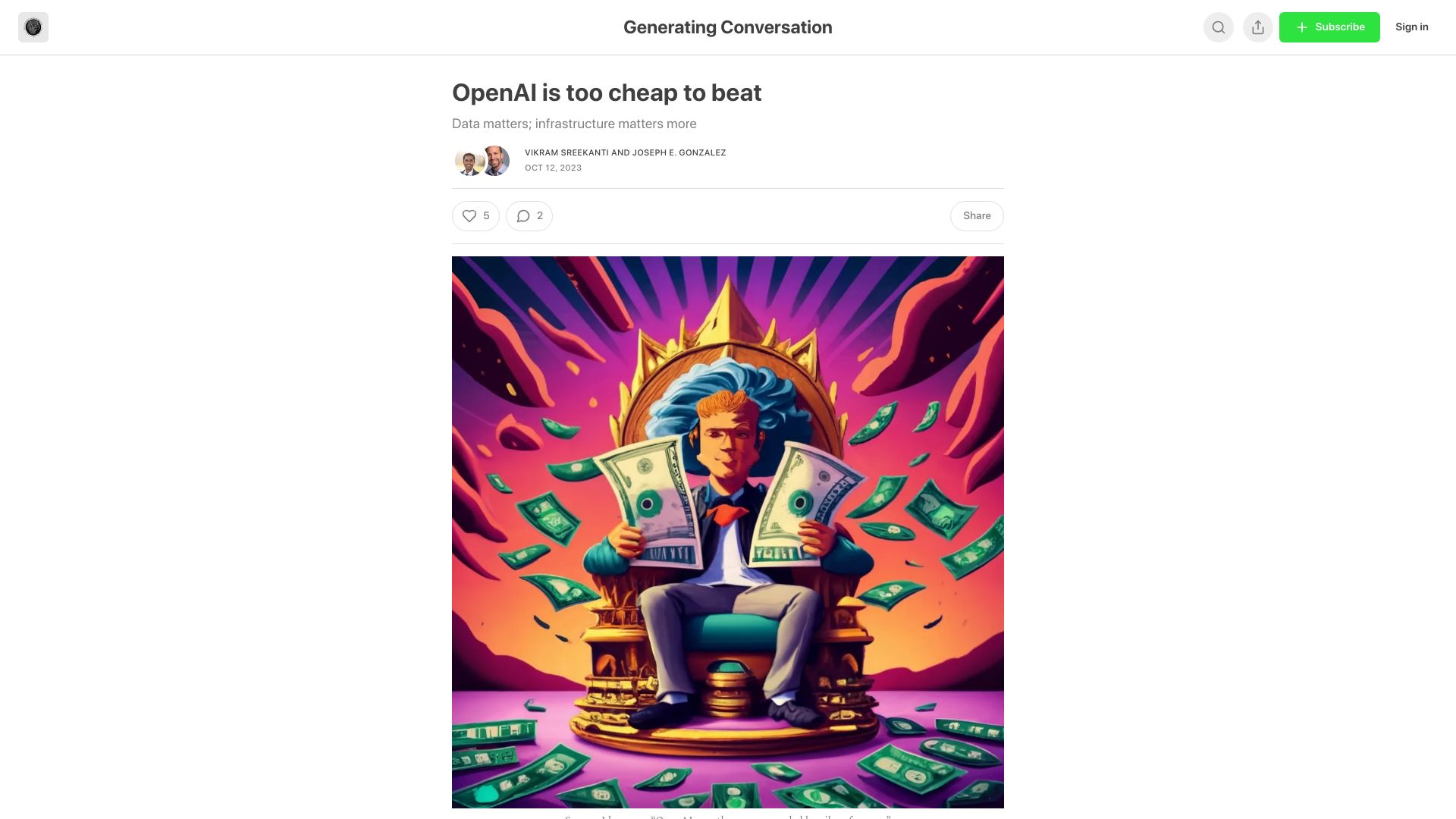 Screenshot of generatingconversation.substack.com: OpenAI is too cheap to beat