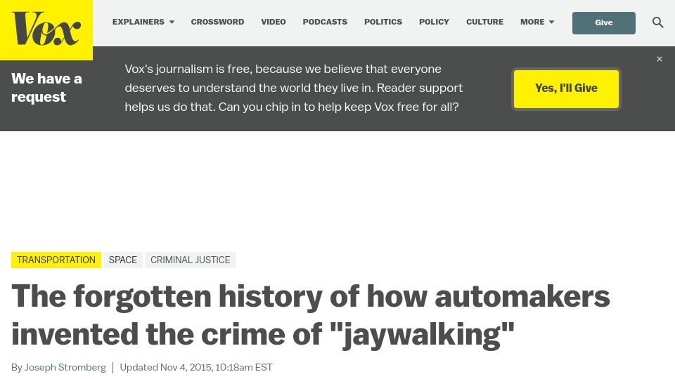 Screenshot of vox.com: Automakers invented the crime of jaywalking (2015)