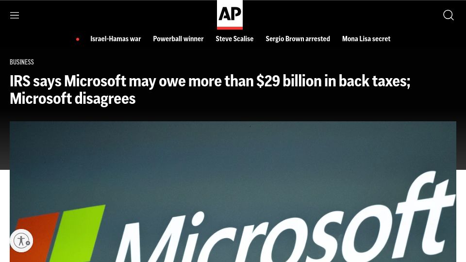 Screenshot of apnews.com: IRS says Microsoft may owe more than $29B in back taxes; MSFT disagrees