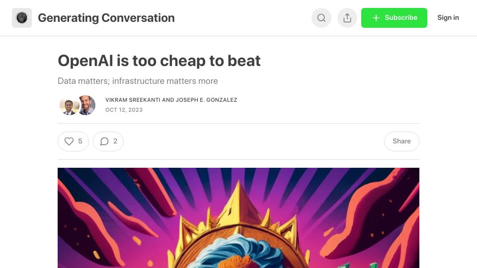 Screenshot of generatingconversation.substack.com: OpenAI is too cheap to beat