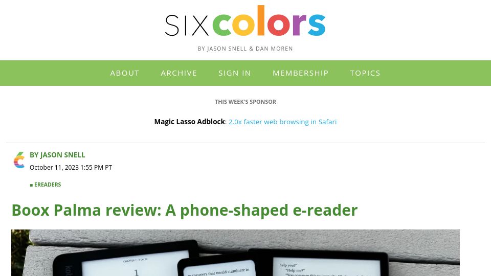 Screenshot of sixcolors.com: Boox Palma review: A phone-shaped e-reader