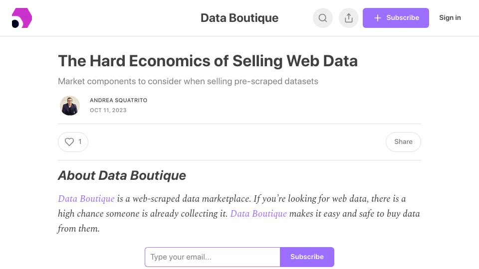 Screenshot of blog.databoutique.com: The Hard Economics of Selling Web Data