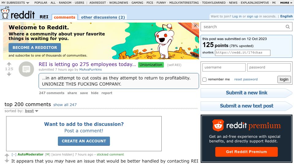Screenshot of old.reddit.com: REI is Laying Off 275 Employees