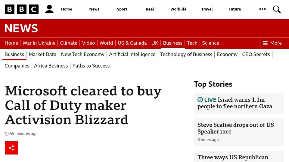 Screenshot of bbc.co.uk: Microsoft gets green light in UK to buy Activision