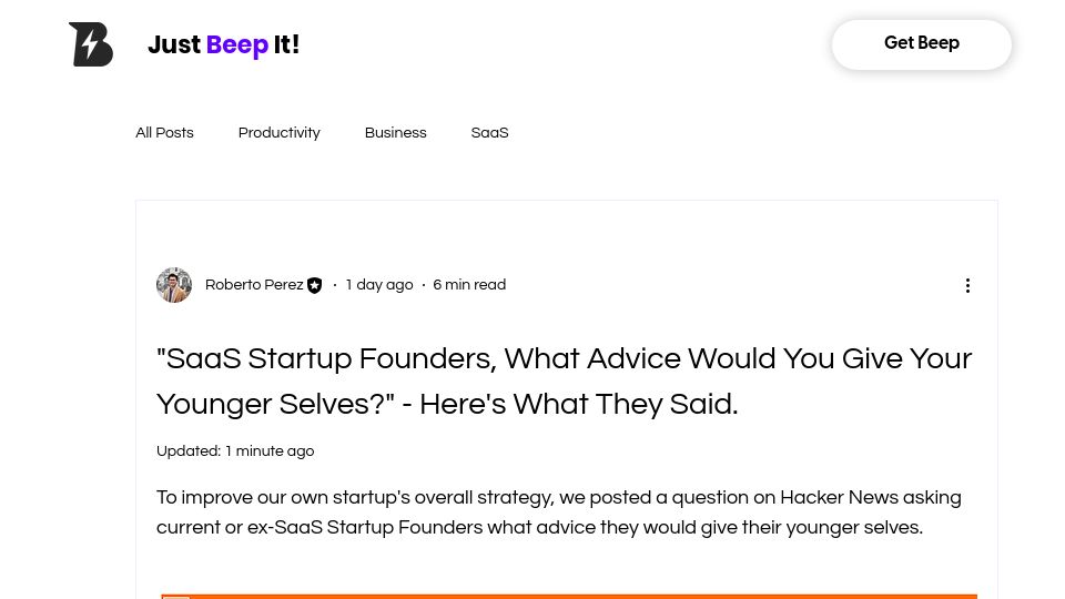 Screenshot of justbeepit.com: The Advice SaaS Startup Founders Would Give Their Younger Selves