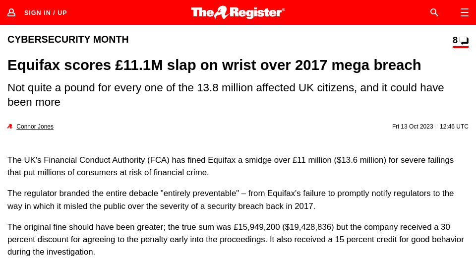 Screenshot of theregister.com: Equifax scores £11.1M slap on wrist over 2017 mega breach