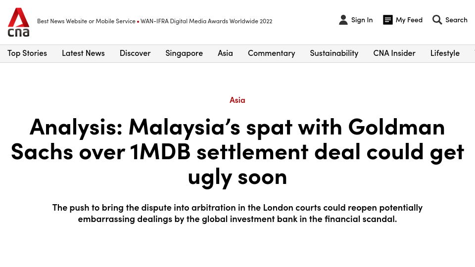 Screenshot of channelnewsasia.com: Malaysia's spat with Goldman about to get ugly
