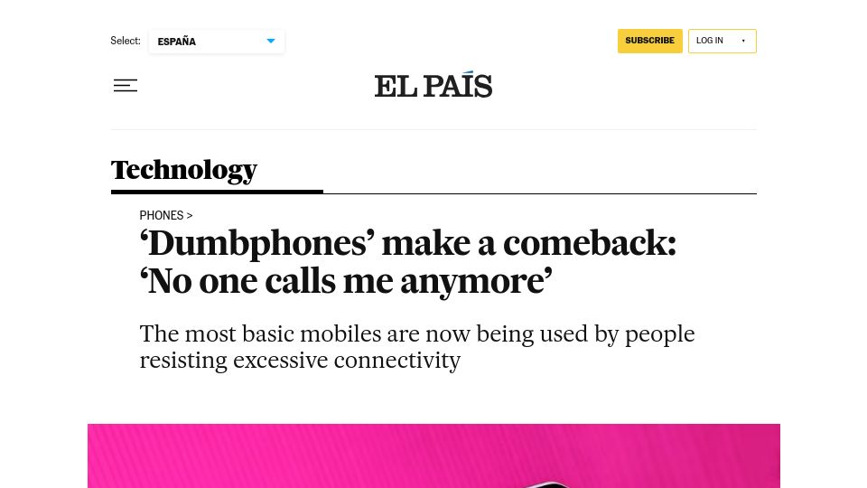 Screenshot of english.elpais.com: 'Dumbphones' make a comeback: 'No one calls me anymore'