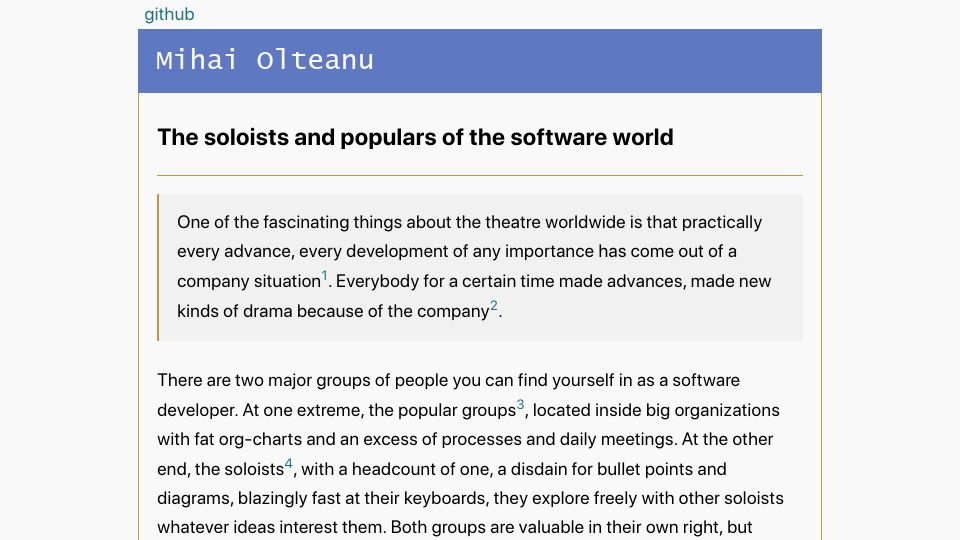 Screenshot of mihaiolteanu.me: The soloists and populars of the software world