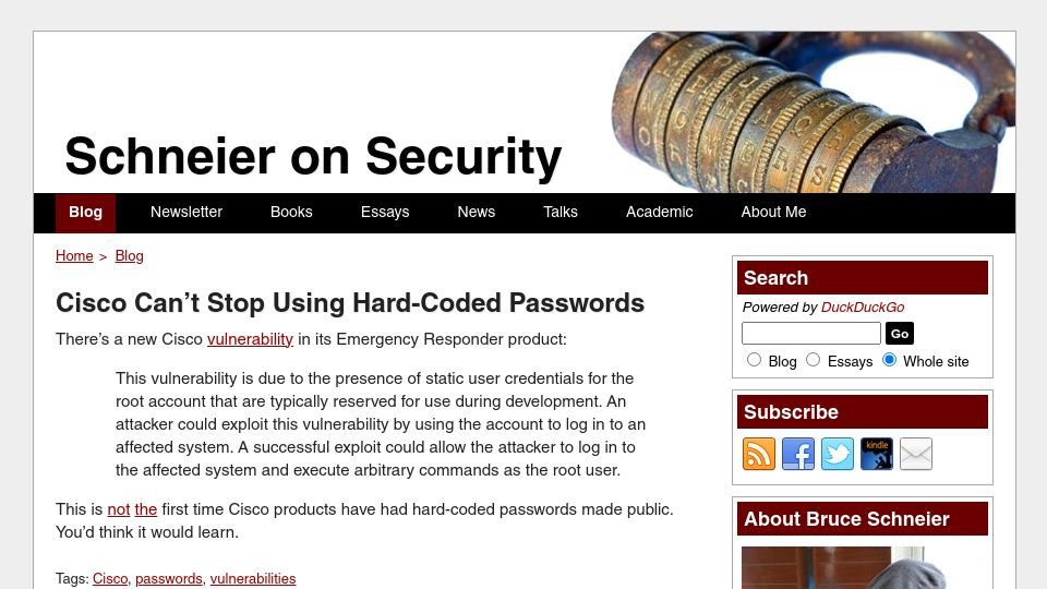 Screenshot of schneier.com: Cisco Can't Stop Using Hard-Coded Passwords