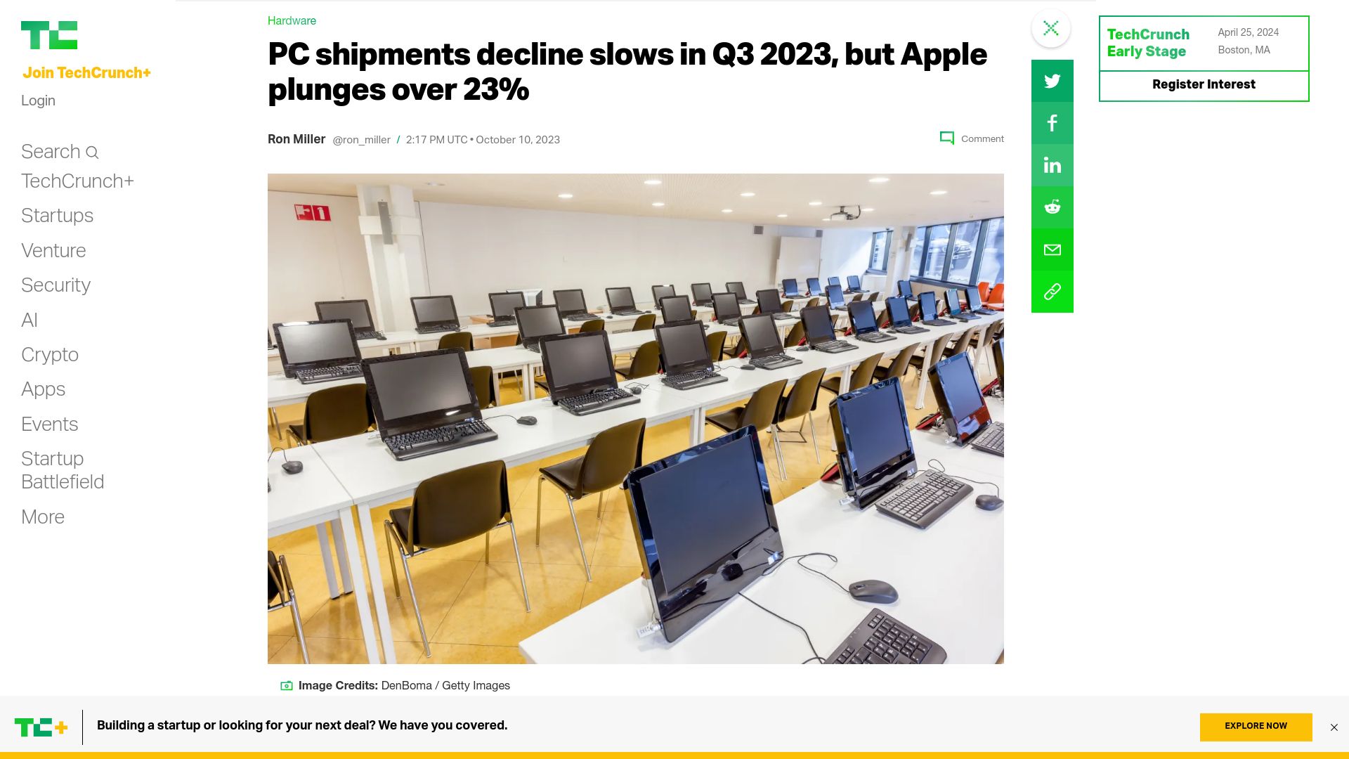 Screenshot of techcrunch.com: PC shipments decline slows in Q3 2023, but Apple plunges over 23%