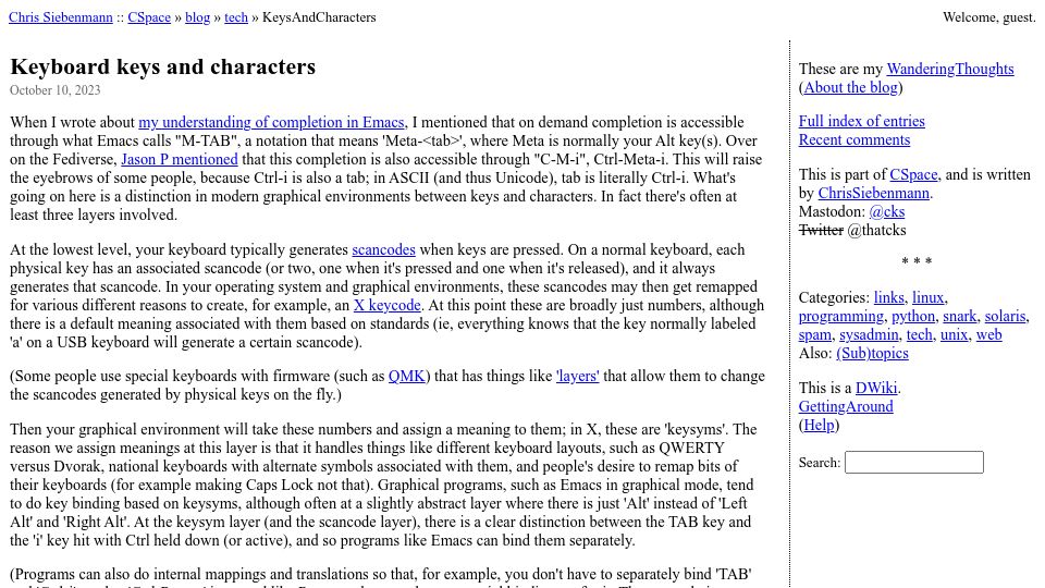 Screenshot of utcc.utoronto.ca: Keyboard keys and characters