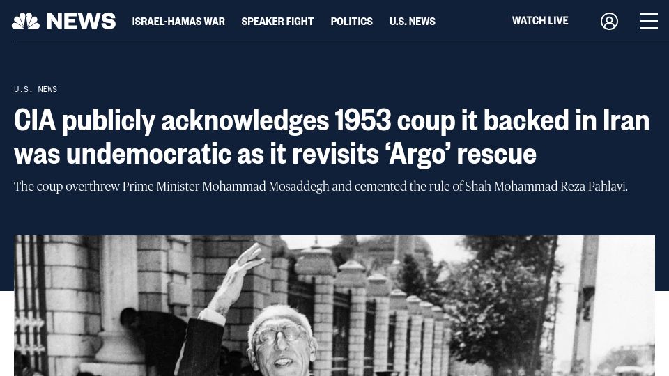 Screenshot of nbcnews.com: CIA publicly acknowledges 1953 coup it backed in Iran was undemocratic