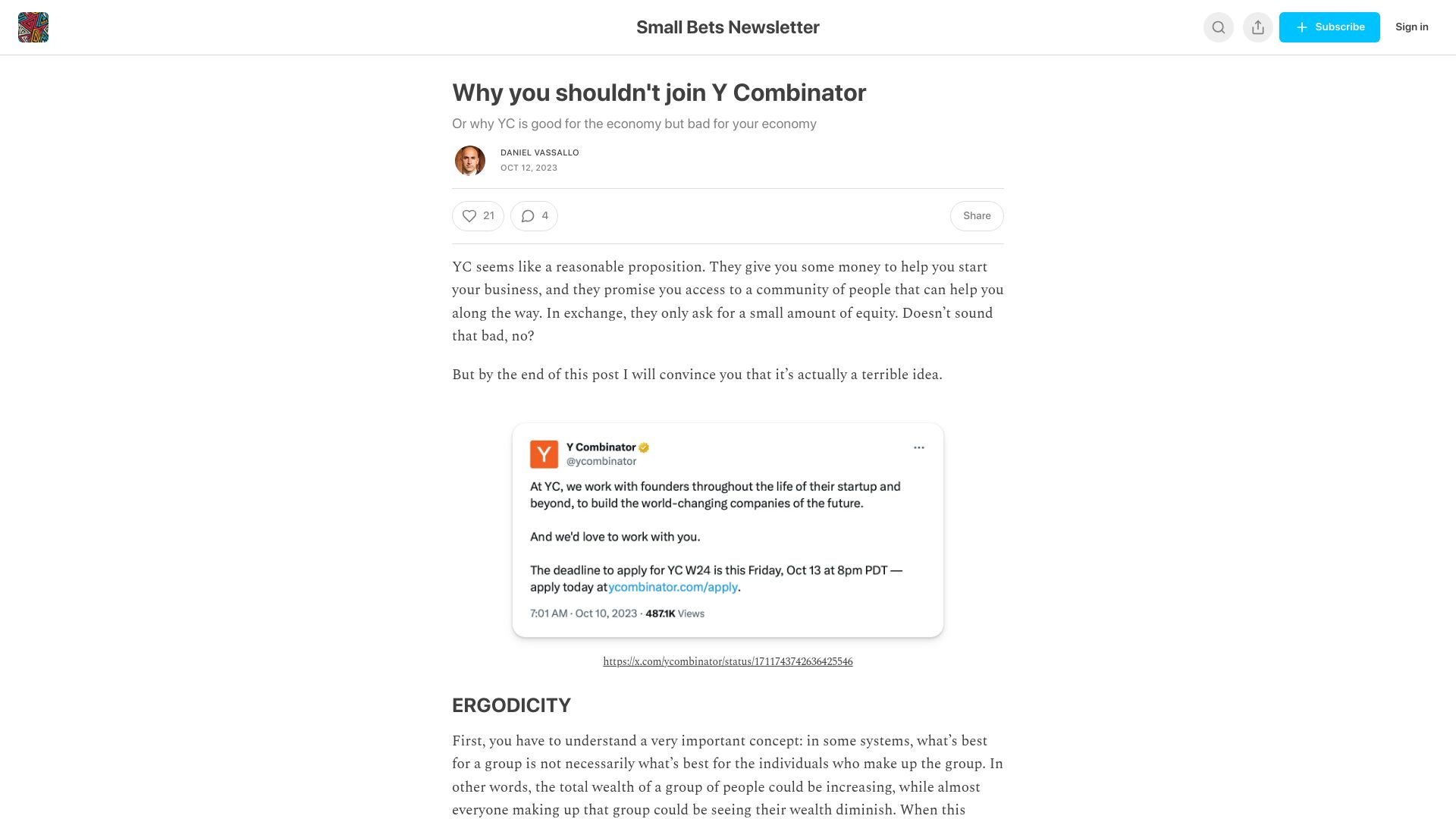 Screenshot of newsletter.smallbets.co: Why you shouldn't join Y Combinator