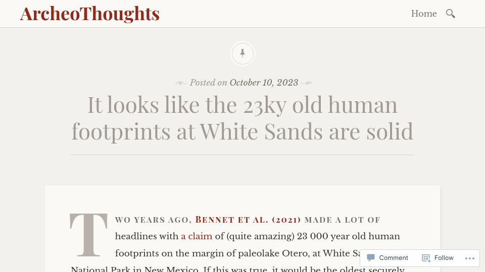 Screenshot of archeothoughts.wordpress.com: It looks like the 23k year old human footprints at White Sands are solid