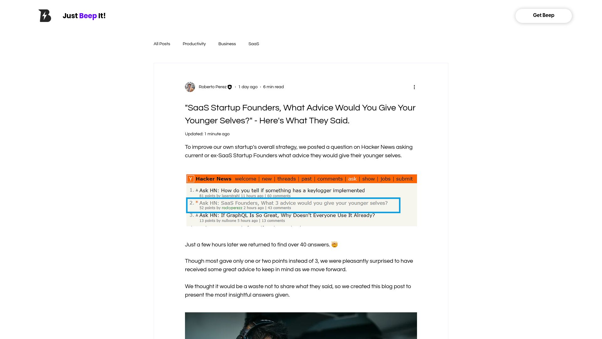 Screenshot of justbeepit.com: The Advice SaaS Startup Founders Would Give Their Younger Selves