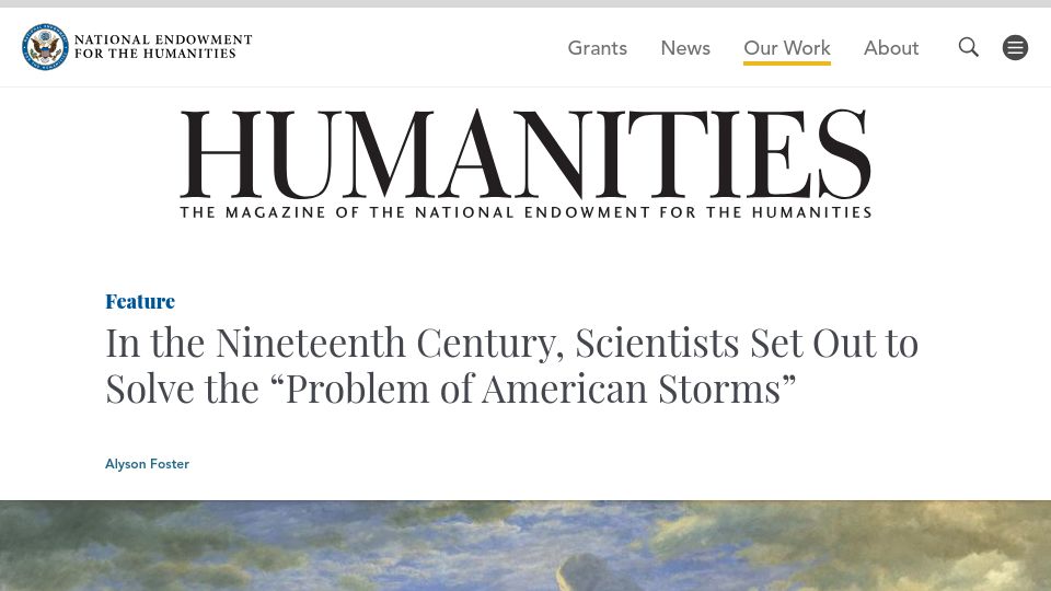 Screenshot of neh.gov: Nineteenth century scientists set out to solve the "problem of American storms"