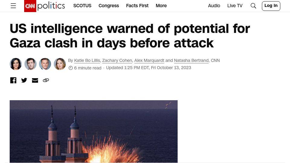 Screenshot of cnn.com: US intelligence warned of potential for Gaza clash in days before attack