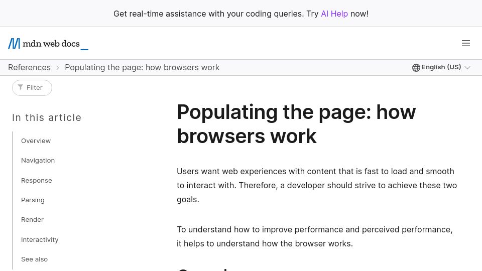 Screenshot of developer.mozilla.org: Populating the page: how browsers work (2020)
