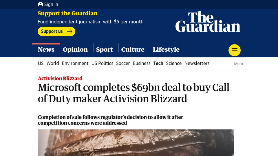 Screenshot of theguardian.com: Microsoft completes $69B deal to buy Activision Blizzard