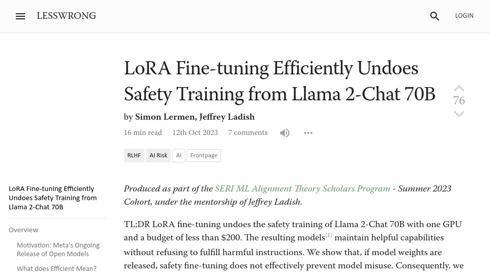 Screenshot of lesswrong.com: LoRA Fine-Tuning Efficiently Undoes Safety Training from Llama 2-Chat 70B