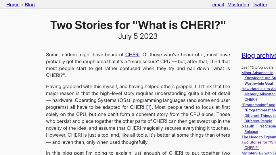 Screenshot of tratt.net: Two Stories for "What Is CHERI?"