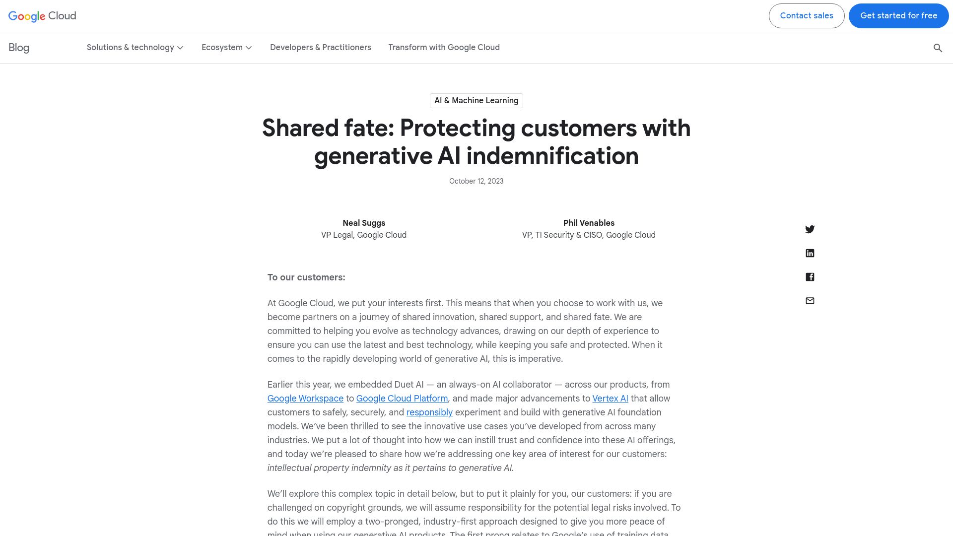 Screenshot of cloud.google.com: Protecting customers with generative AI indemnification