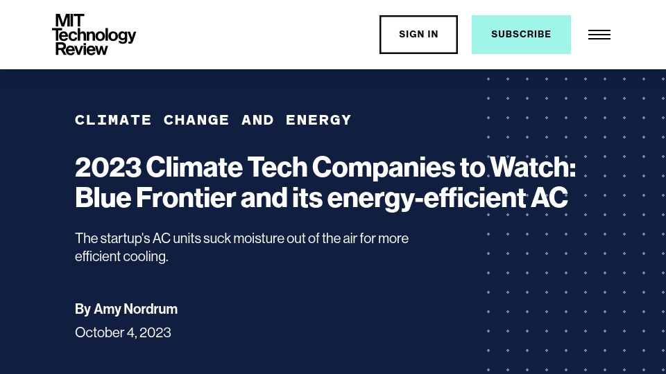 Screenshot of technologyreview.com: Blue Frontier and its energy-efficient AC
