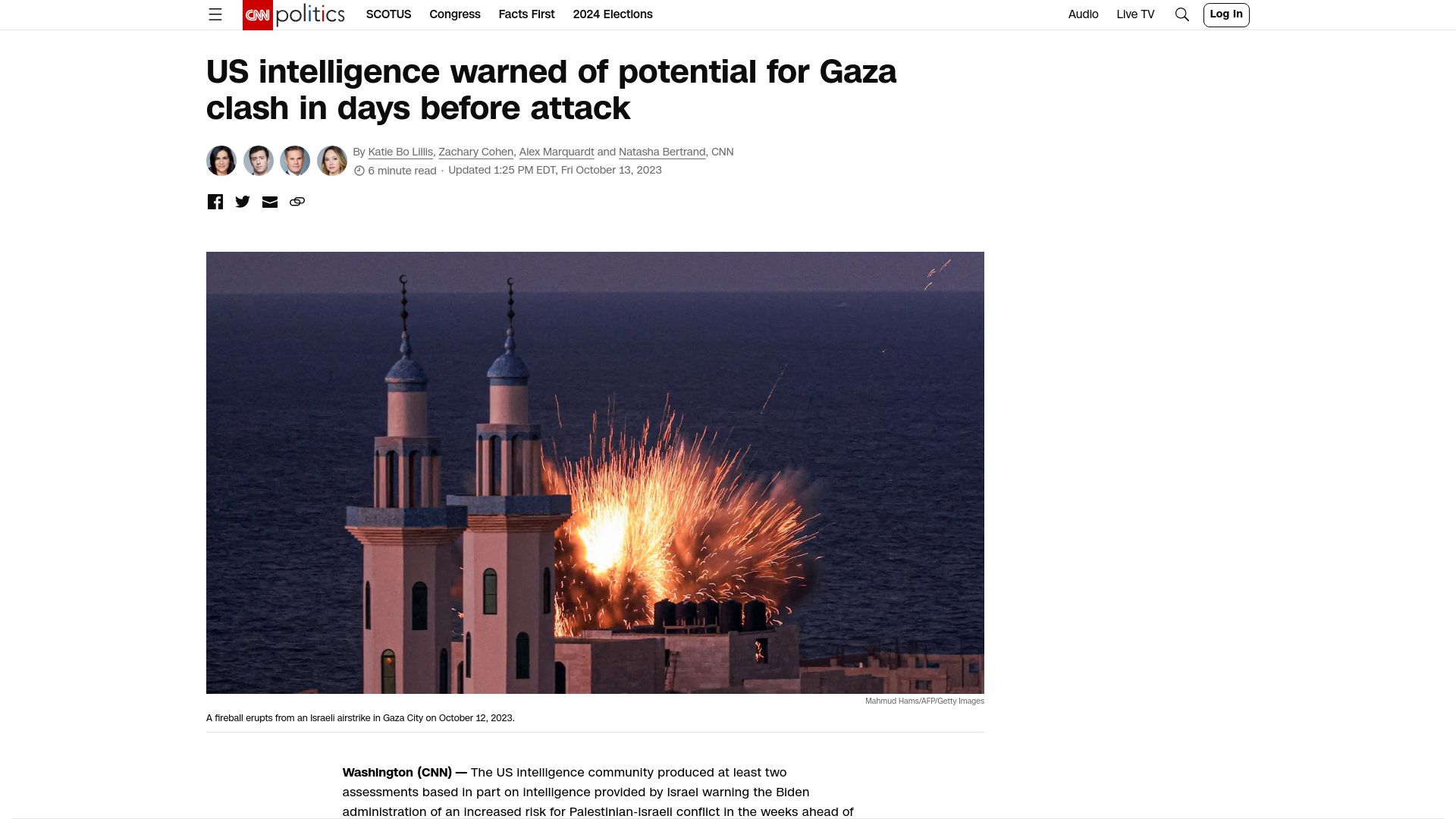 Screenshot of cnn.com: US intelligence warned of potential for Gaza clash in days before attack