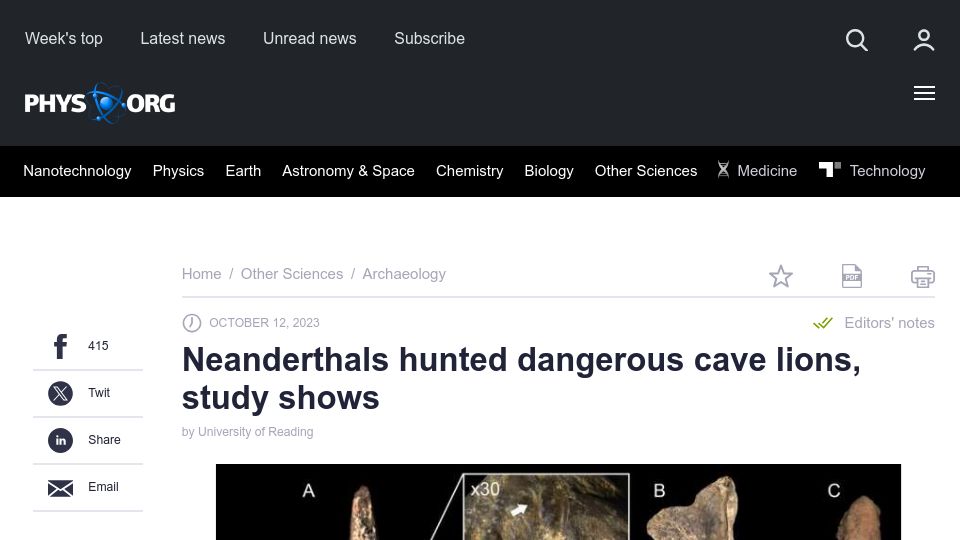 Screenshot of phys.org: Neanderthals hunted dangerous cave lions, study shows