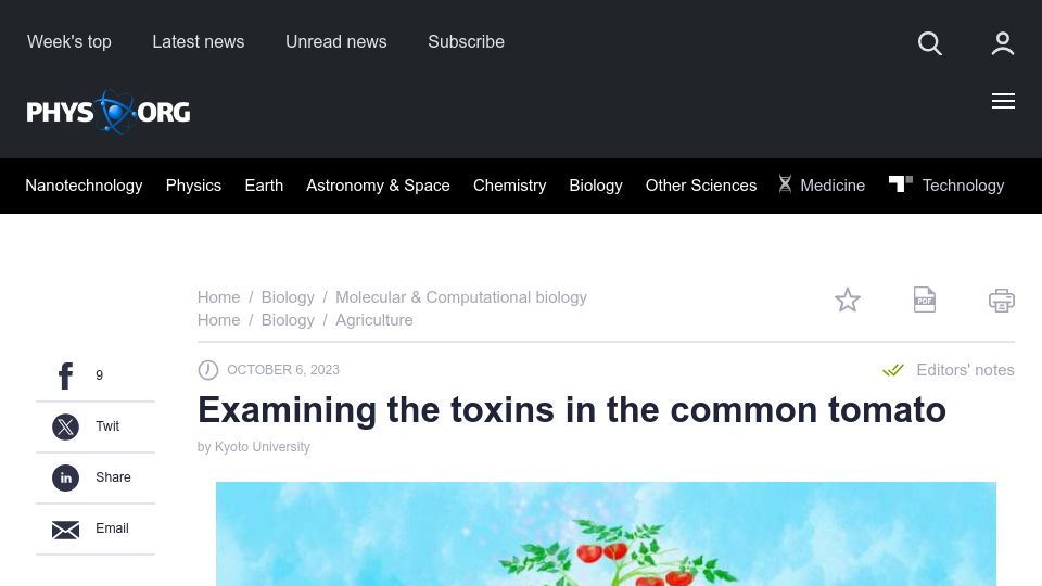 Screenshot of phys.org: Examining the Toxins in the Common Tomato