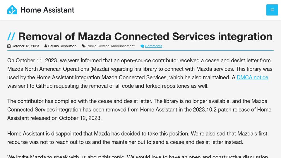 Screenshot of home-assistant.io: Removal of Mazda Connected Services integration