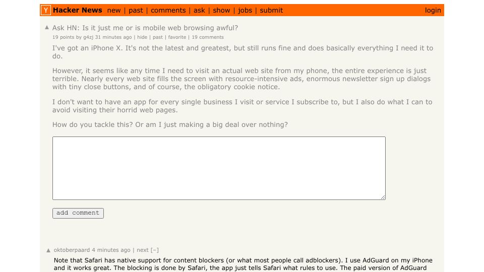 Screenshot of Hacker News post: Ask HN: Is it just me or is mobile web browsing awful?