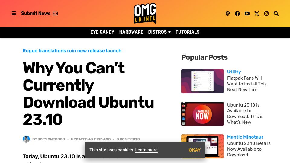 Screenshot of omgubuntu.co.uk: You Can't Currently Download Ubuntu 23.10