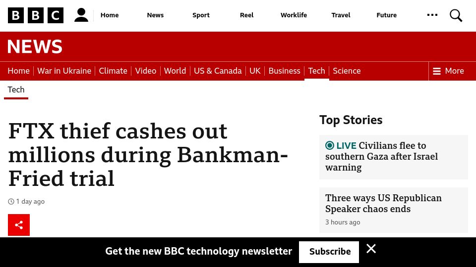 Screenshot of bbc.co.uk: FTX thief cashes out millions during Bankman-Fried trial
