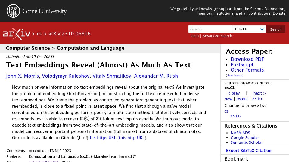 Screenshot of arxiv.org: Text embeddings reveal almost as much as text