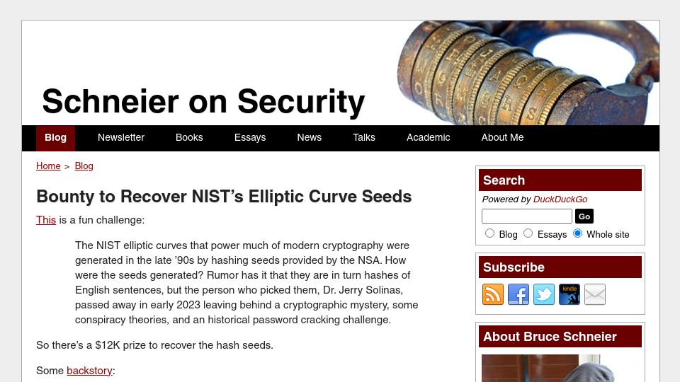 Screenshot of schneier.com: Bounty to Recover NIST's Elliptic Curve Seeds
