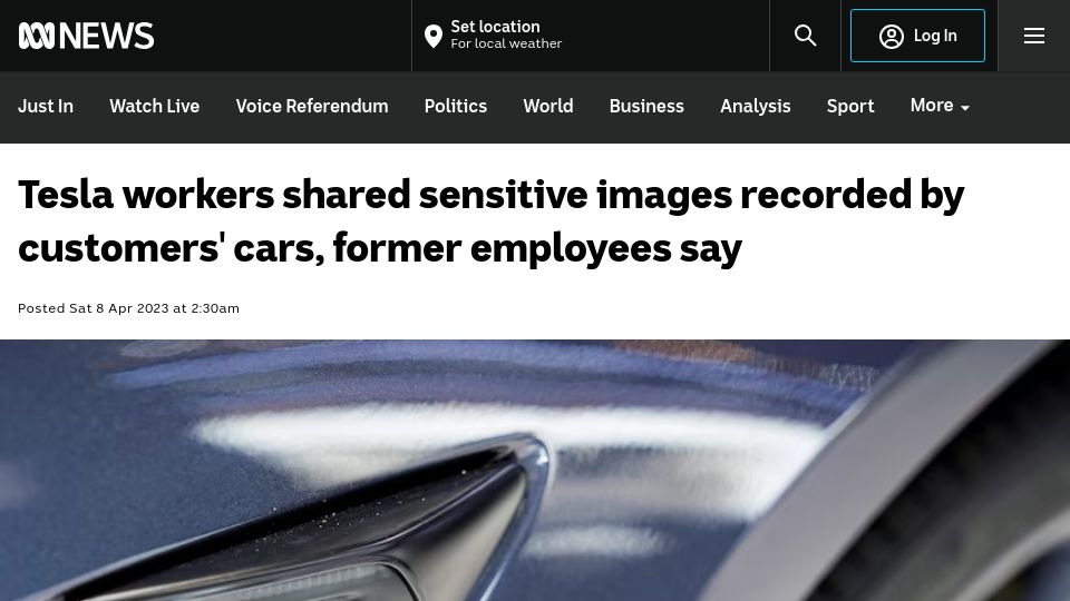 Screenshot of abc.net.au: Tesla workers shared sensitive images recorded by customers' cars: Ex-employees