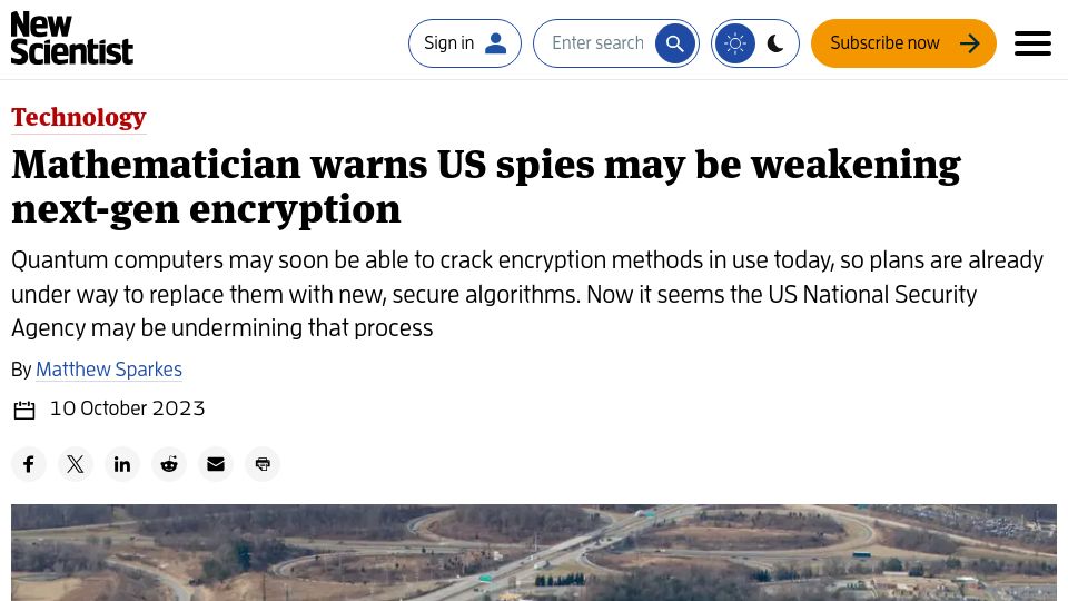 Screenshot of newscientist.com: Mathematician warns US spies may be weakening next-gen encryption
