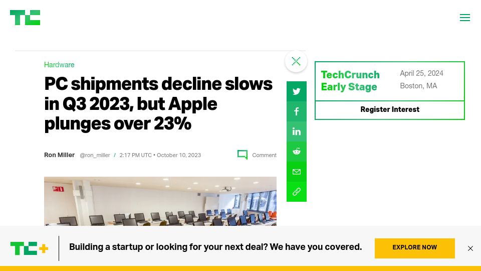 Screenshot of techcrunch.com: PC shipments decline slows in Q3 2023, but Apple plunges over 23%