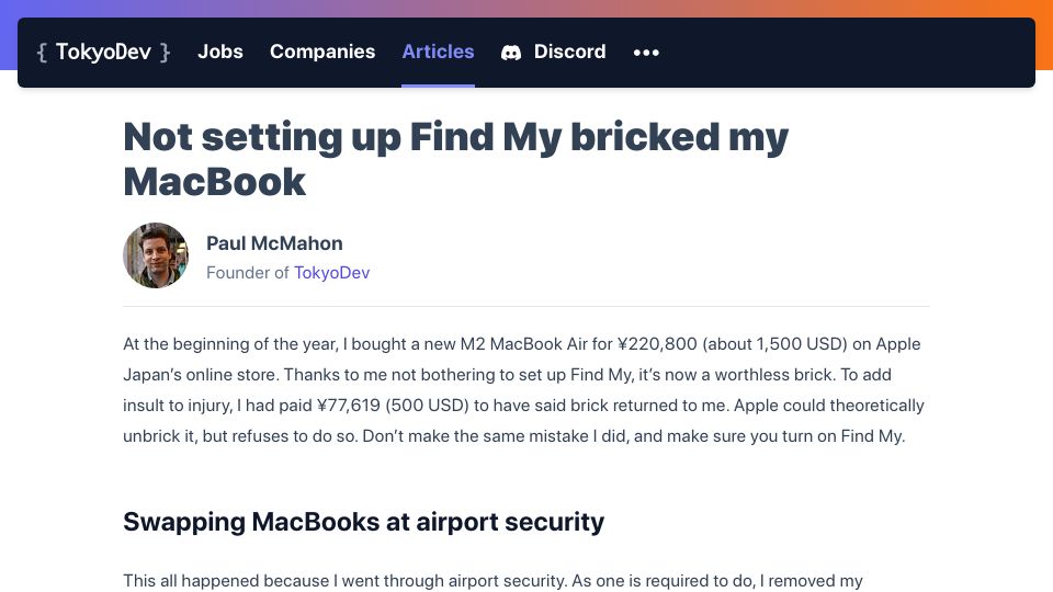 Screenshot of tokyodev.com: Not setting up Find My bricked my MacBook