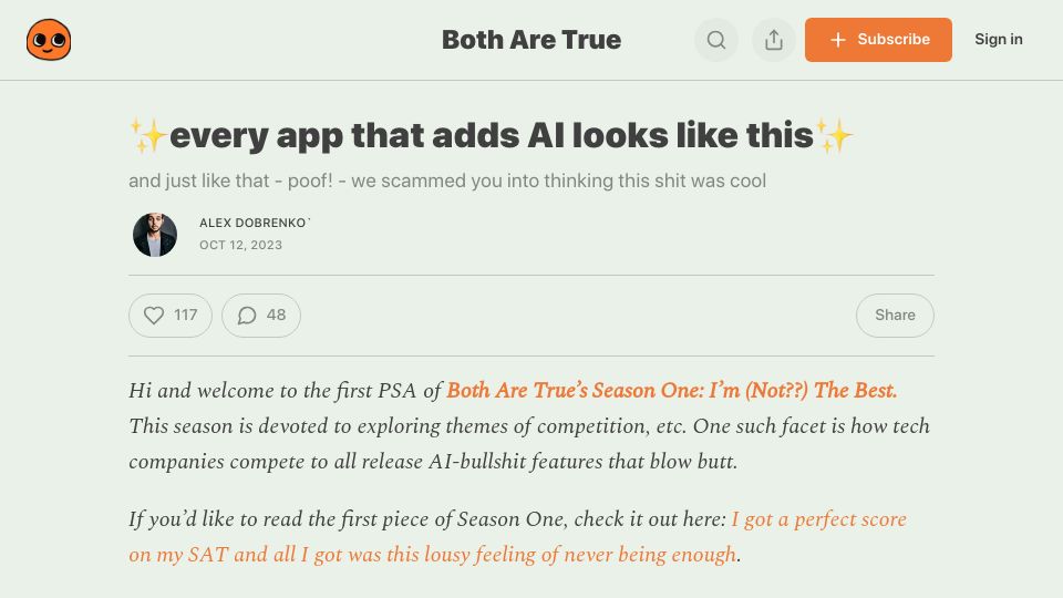 Screenshot of botharetrue.substack.com: Every app that adds AI looks like this