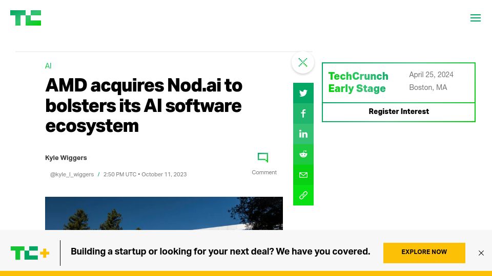 Screenshot of techcrunch.com: AMD acquires Nod.ai to bolsters its AI software ecosystem