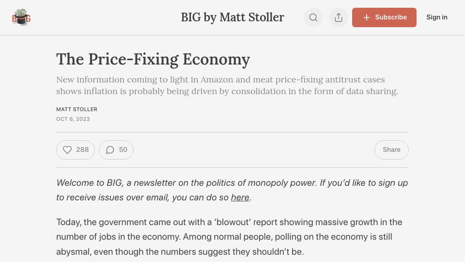 Screenshot of thebignewsletter.com: The Price-Fixing Economy