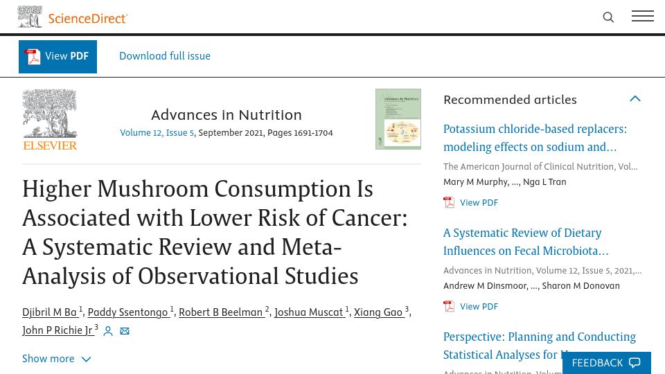 Screenshot of sciencedirect.com: Higher Mushroom Consumption Associated with Lower Cancer Risk