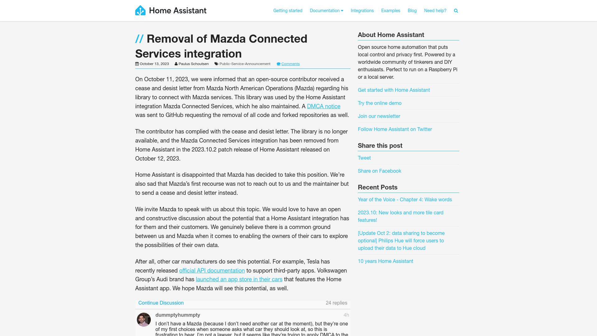 Screenshot of home-assistant.io: Removal of Mazda Connected Services integration