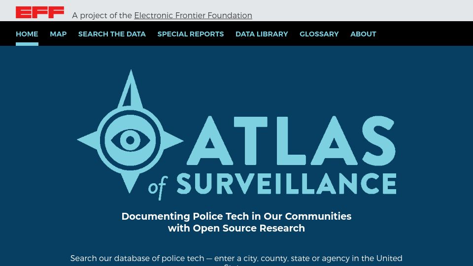 Screenshot of atlasofsurveillance.org: Atlas of Surveillance: Documenting police tech in our communities
