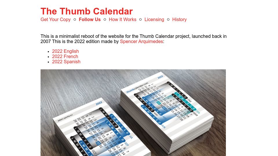 Screenshot of thumbcalendar.com: The Thumb Calendar