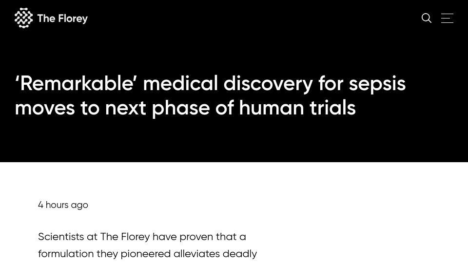 Screenshot of florey.edu.au: Sodium ascorbate treatment for sepsis moves to next phase of human trials