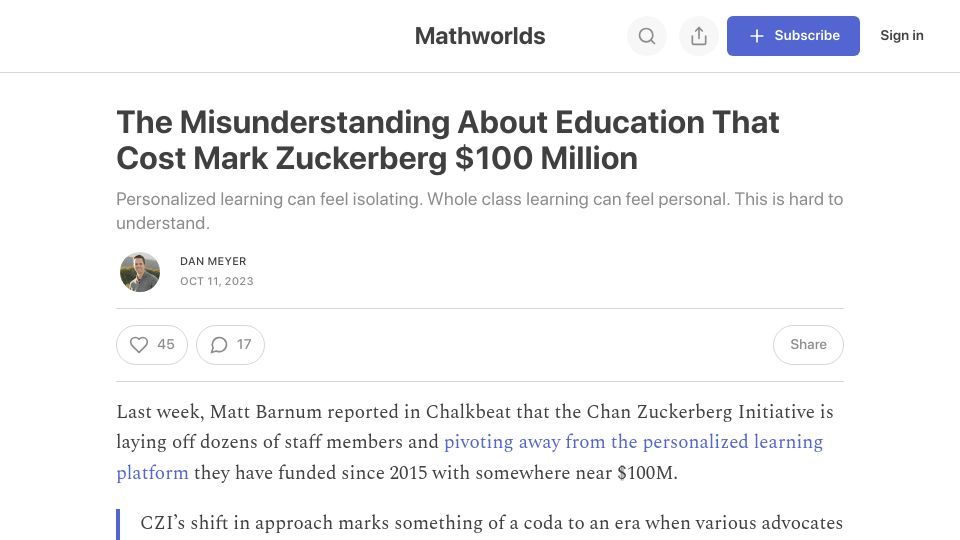 Screenshot of danmeyer.substack.com: Personalized learning can feel isolating. Whole class learning can feel personal